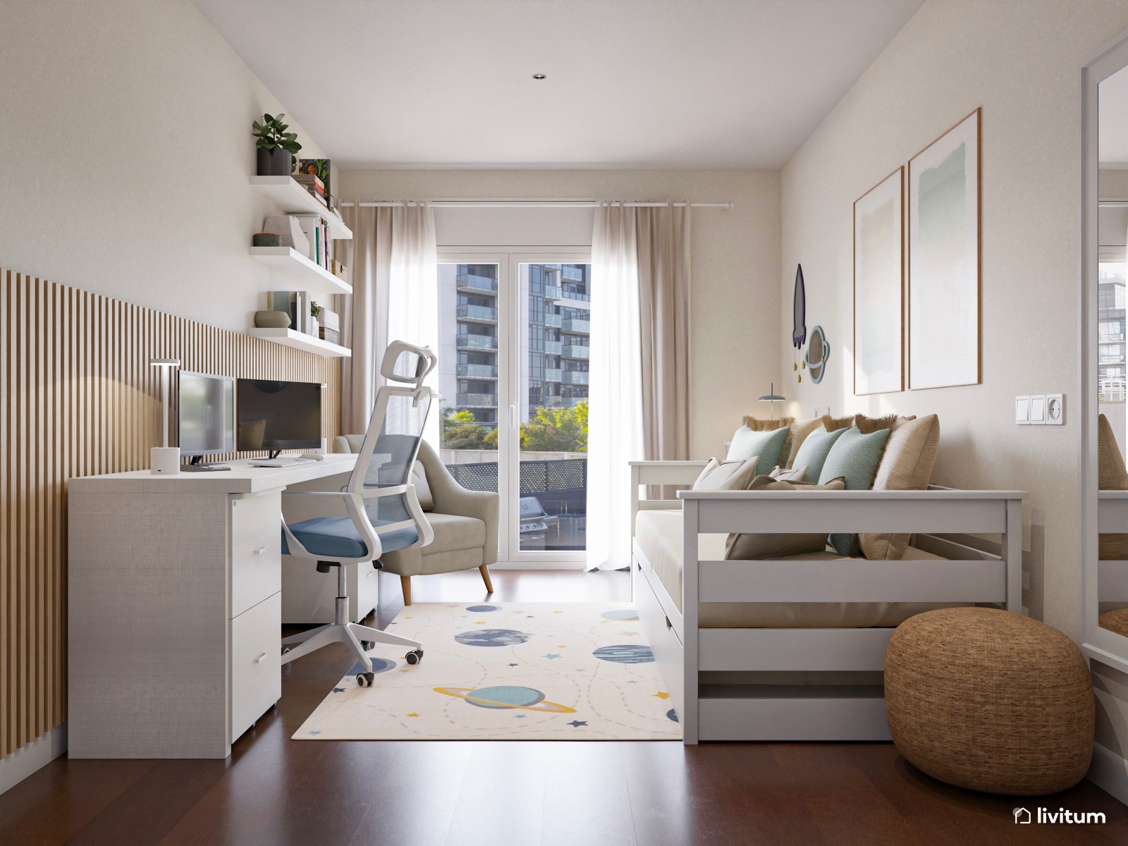 Estudio nórdico juvenil con cama nido y paneles acústicos