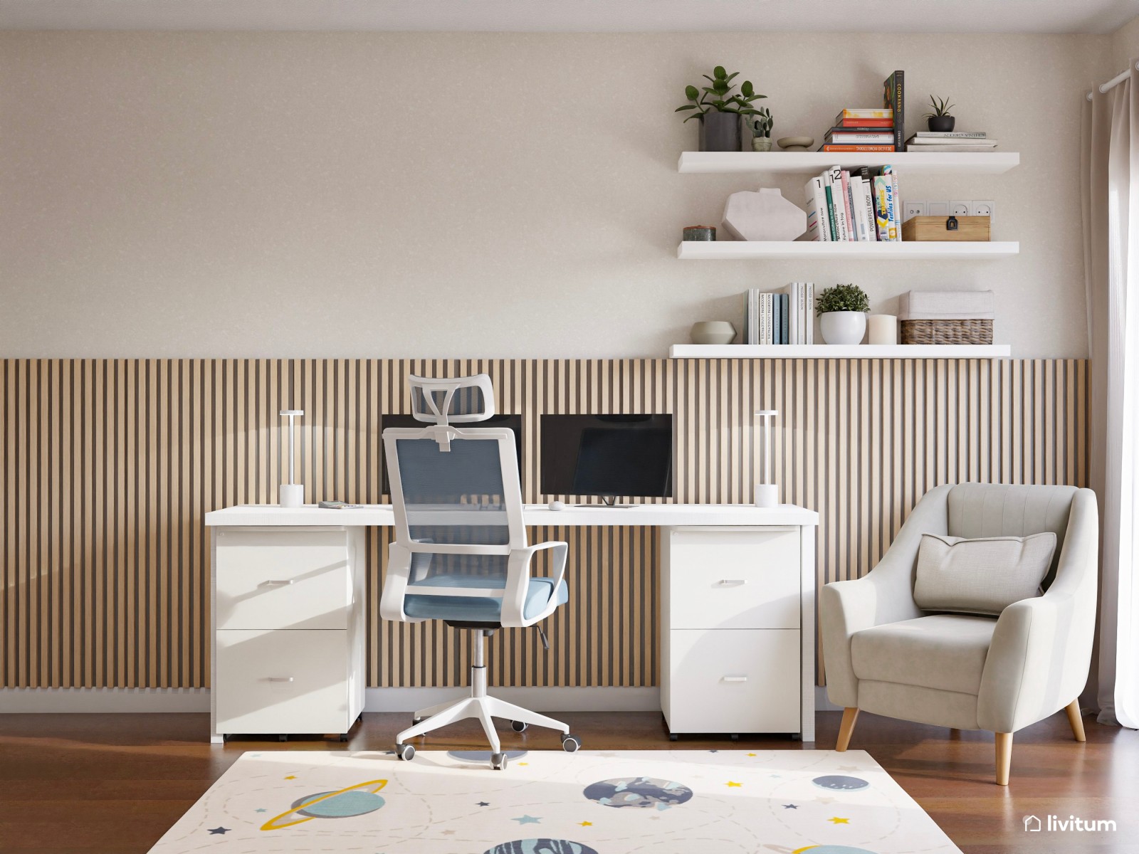 Estudio nórdico juvenil con cama nido y paneles acústicos