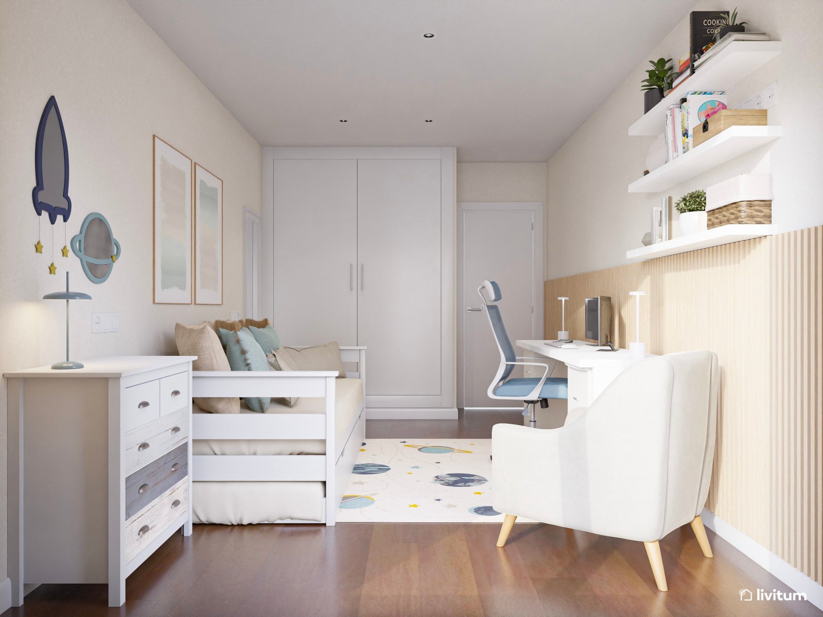 Estudio nórdico juvenil con cama nido y paneles acústicos