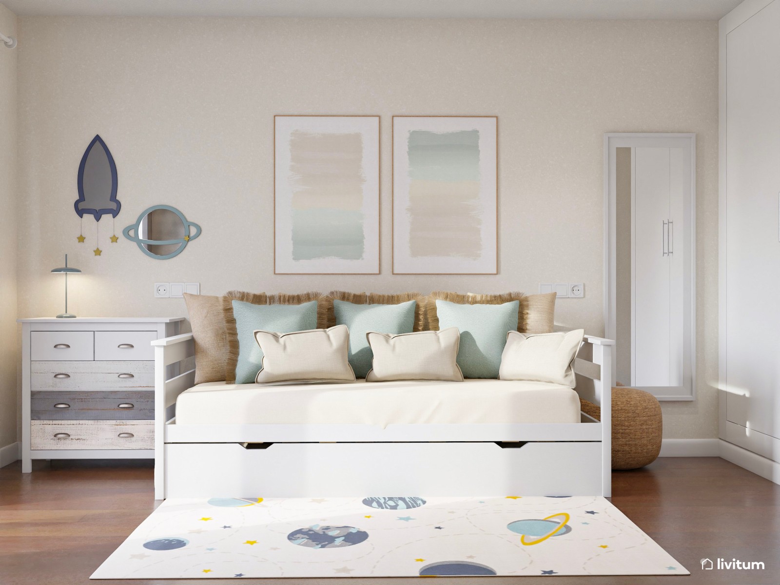 Estudio nórdico juvenil con cama nido y paneles acústicos