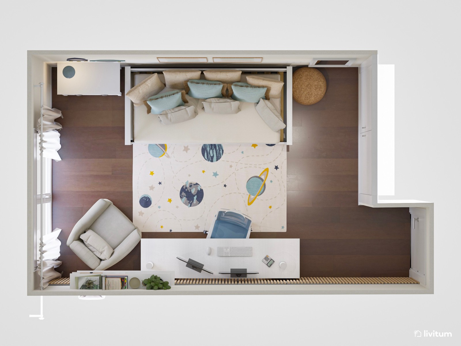 Estudio nórdico juvenil con cama nido y paneles acústicos