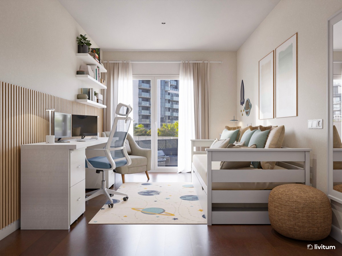 Estudio nórdico juvenil con cama nido y paneles acústicos