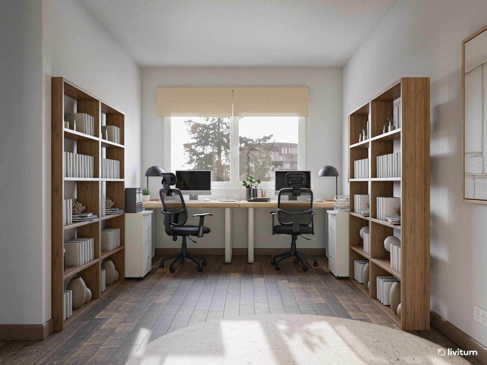 Estudio nórdico moderno con dos escritorios y salita de espera