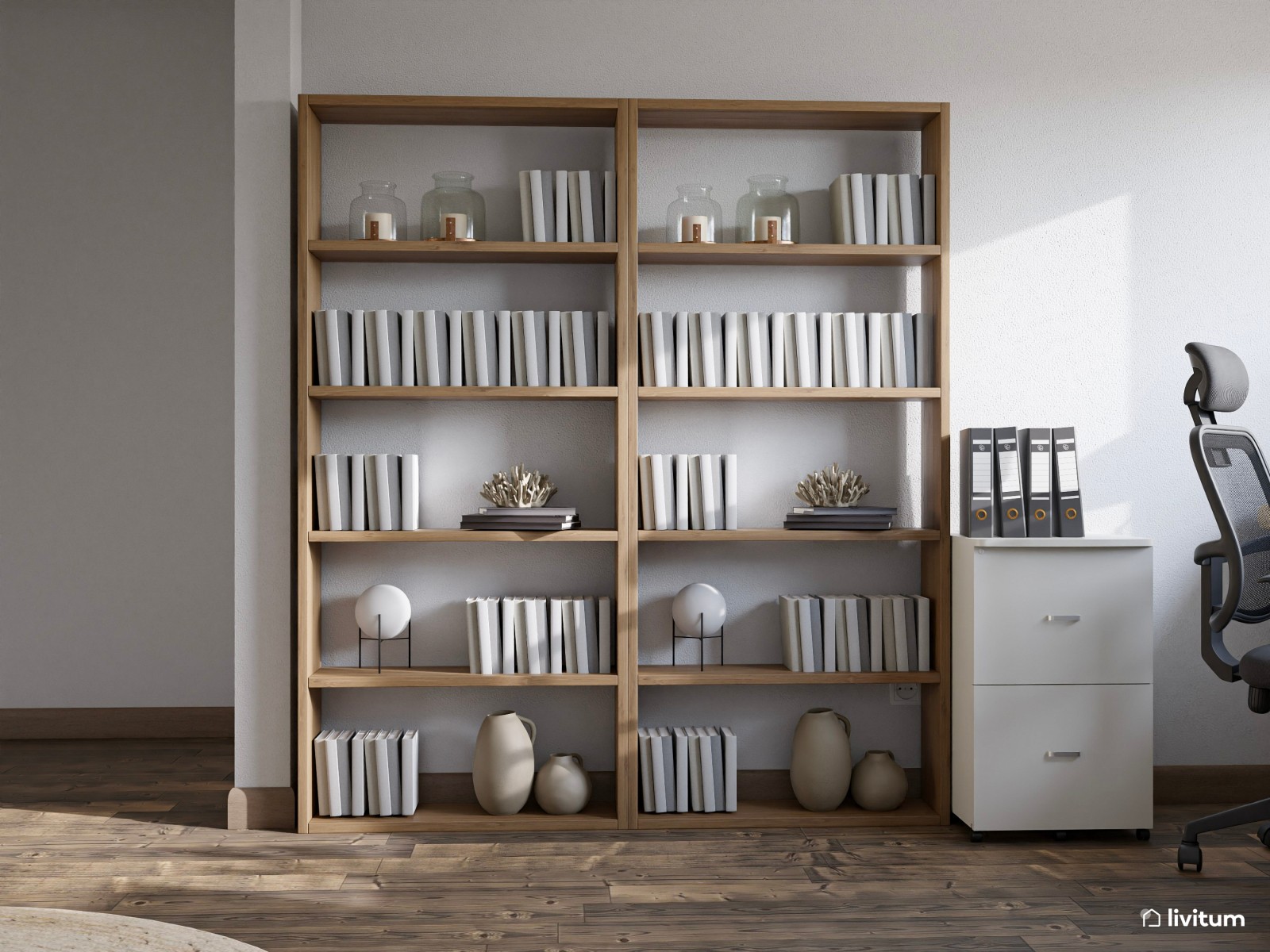 Estudio nórdico moderno con dos escritorios y salita de espera