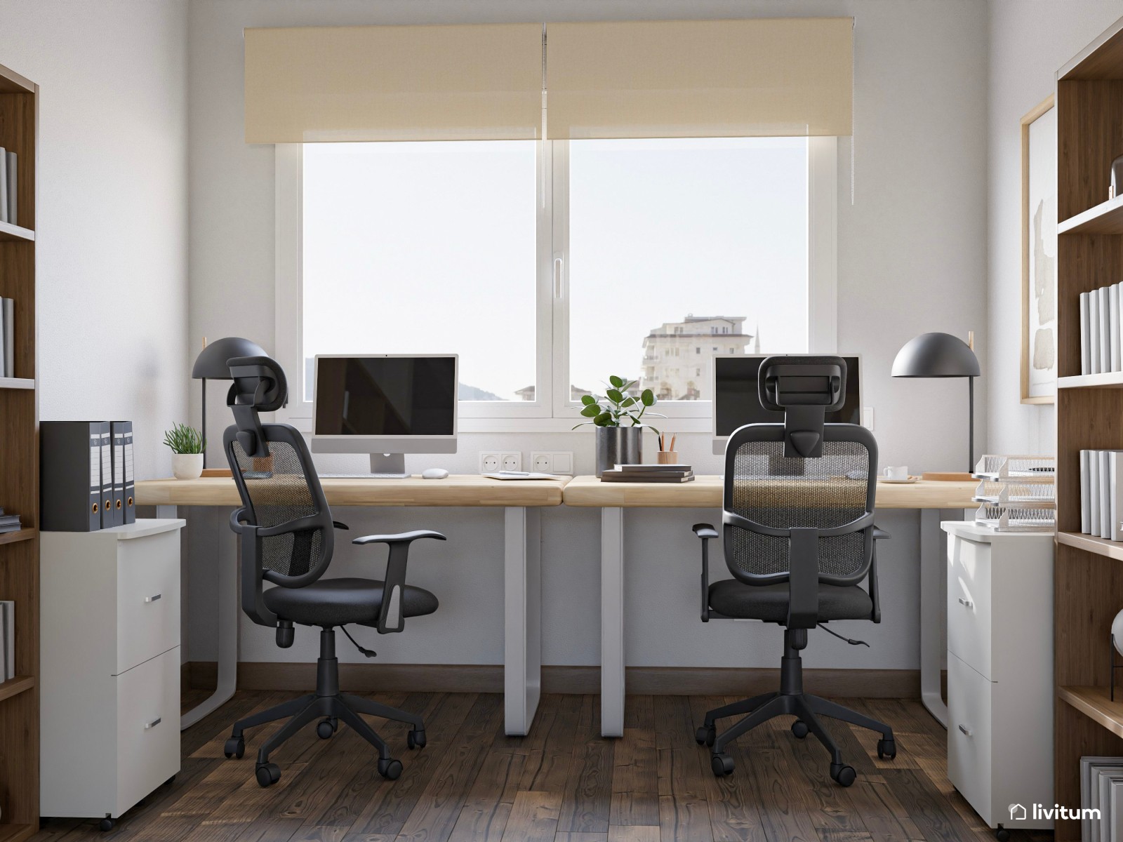 Estudio nórdico moderno con dos escritorios y salita de espera