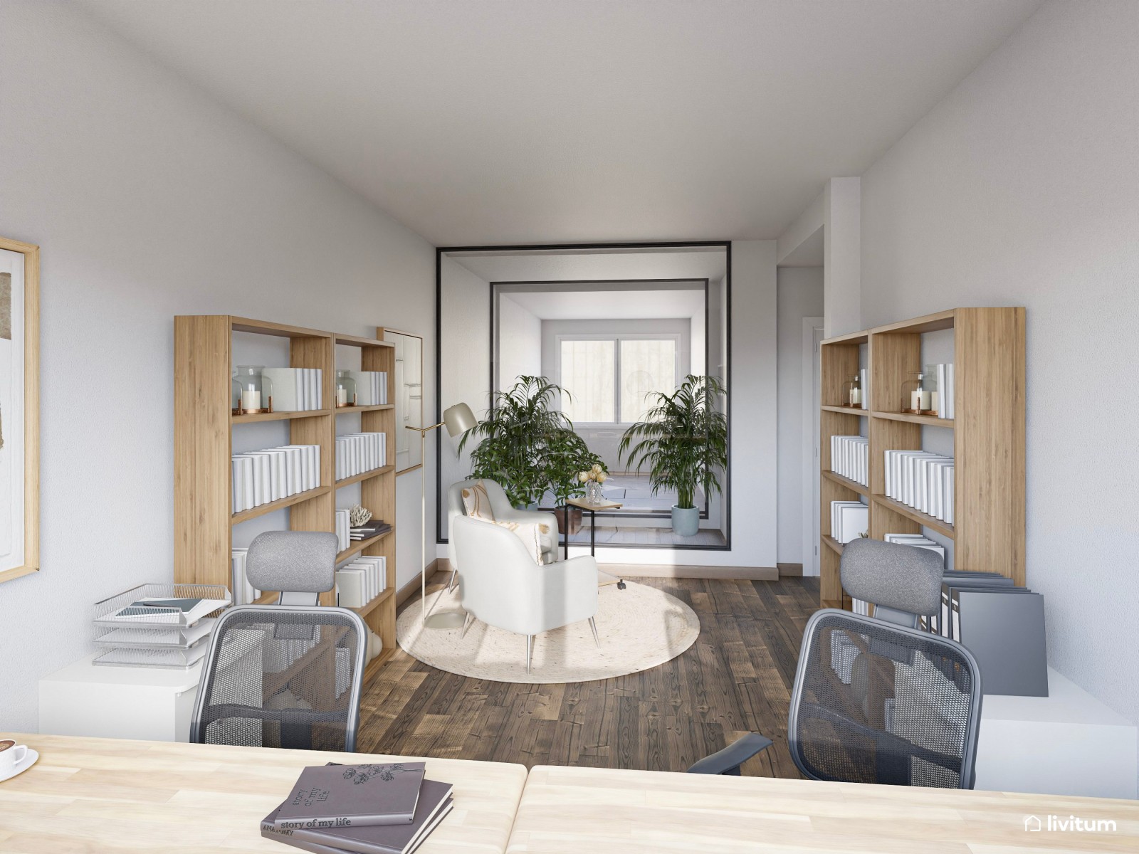 Estudio nórdico moderno con dos escritorios y salita de espera