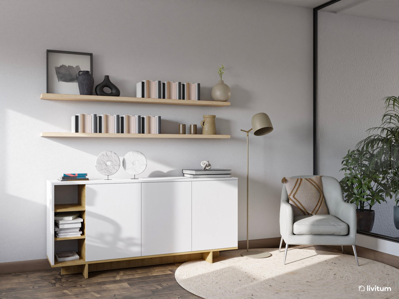 Estudio nórdico moderno con dos escritorios y salita de espera