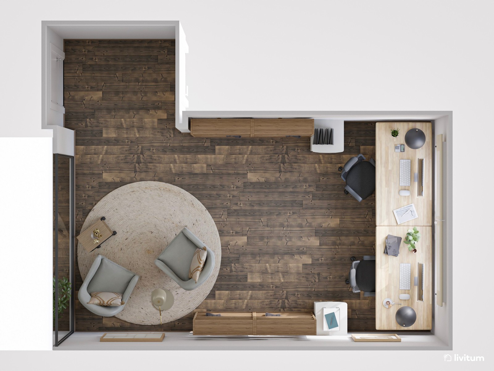 Estudio nórdico moderno con dos escritorios y salita de espera