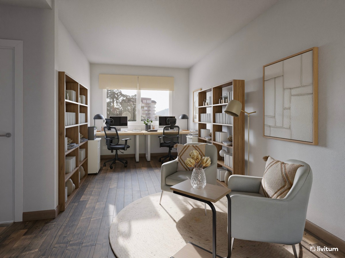 Estudio nórdico moderno con dos escritorios y salita de espera