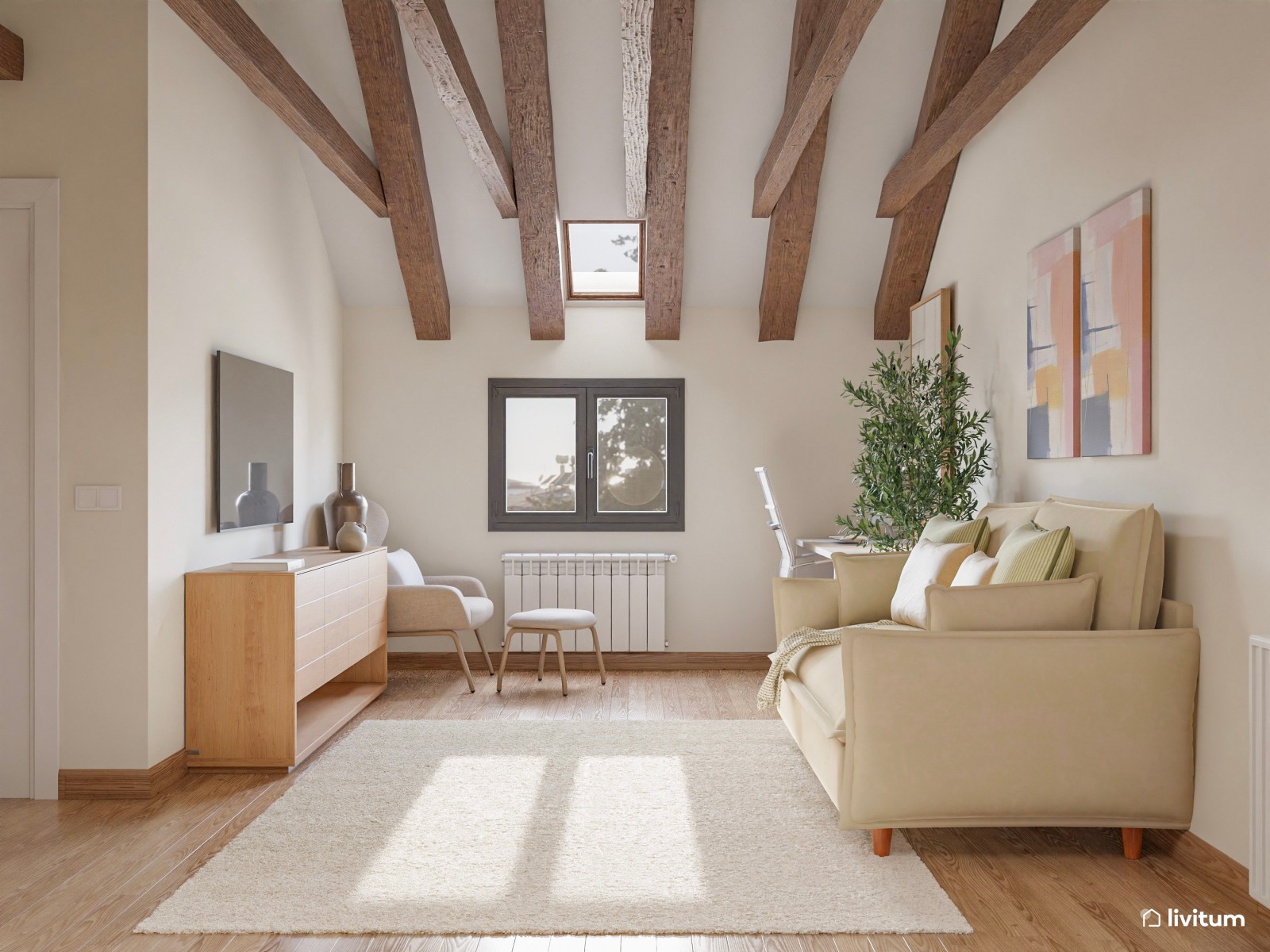 Estudio nórdico multifuncional con despacho, dormitorio y salón