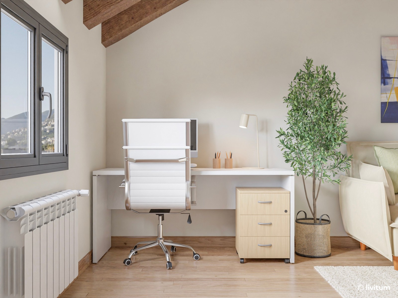 Estudio nórdico multifuncional con despacho, dormitorio y salón