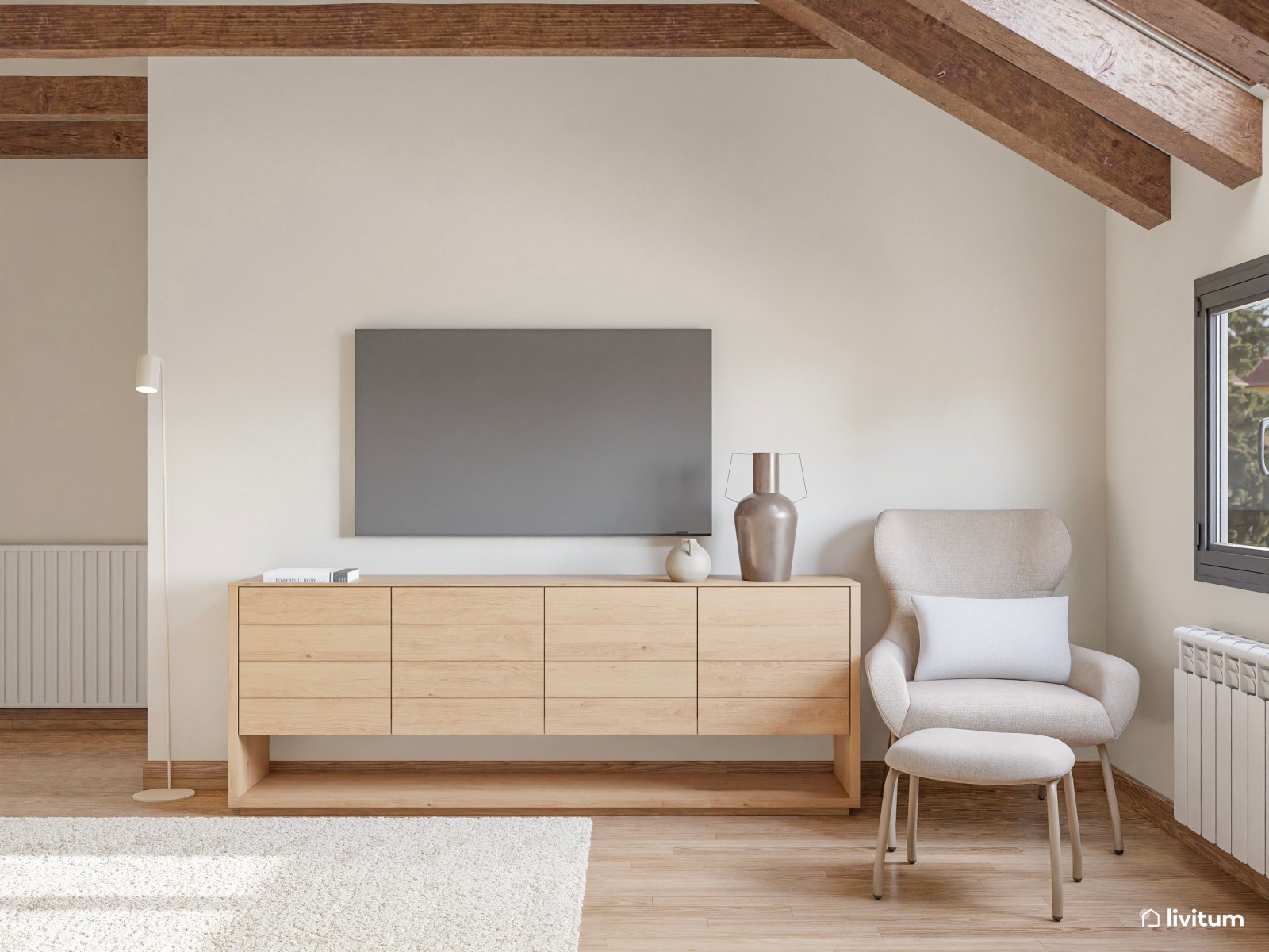 Estudio nórdico multifuncional con despacho, dormitorio y salón