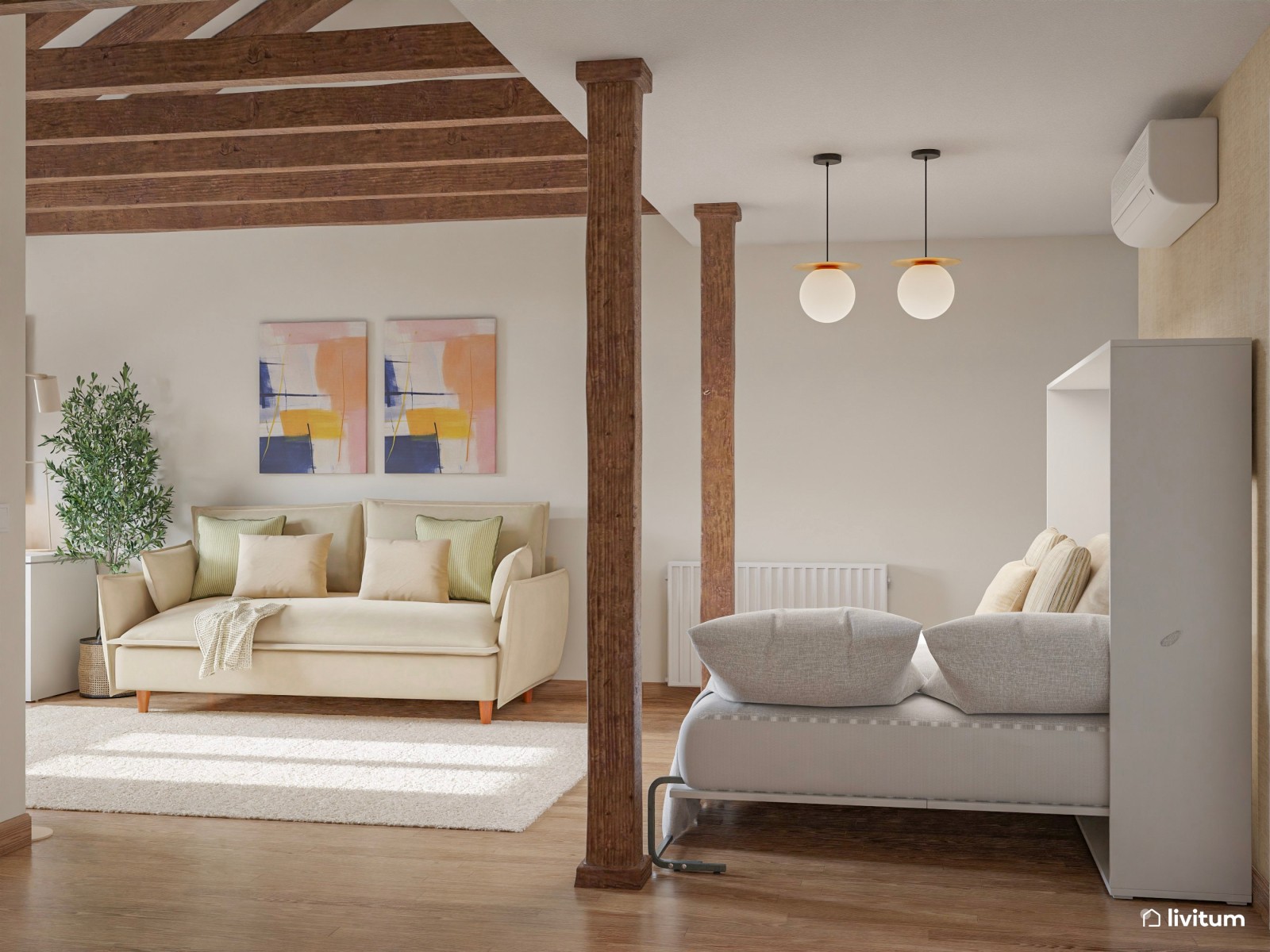 Estudio nórdico multifuncional con despacho, dormitorio y salón
