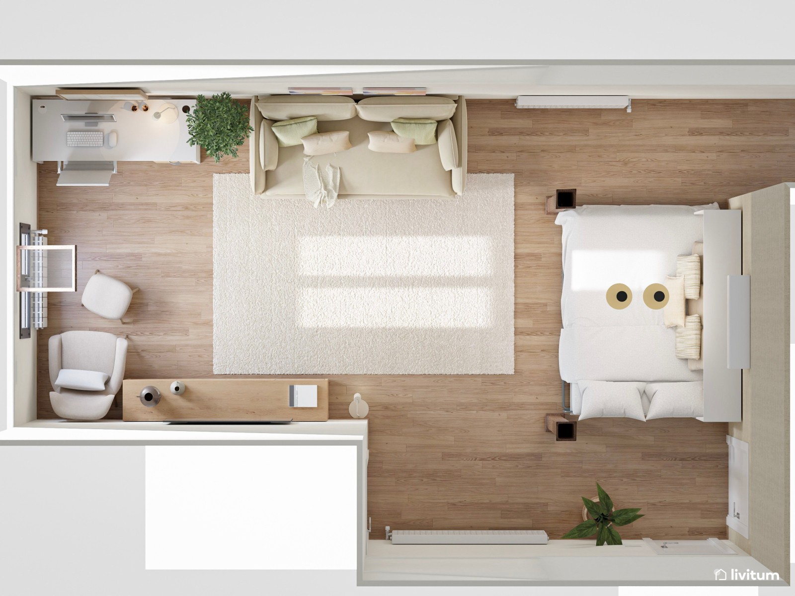 Estudio nórdico multifuncional con despacho, dormitorio y salón