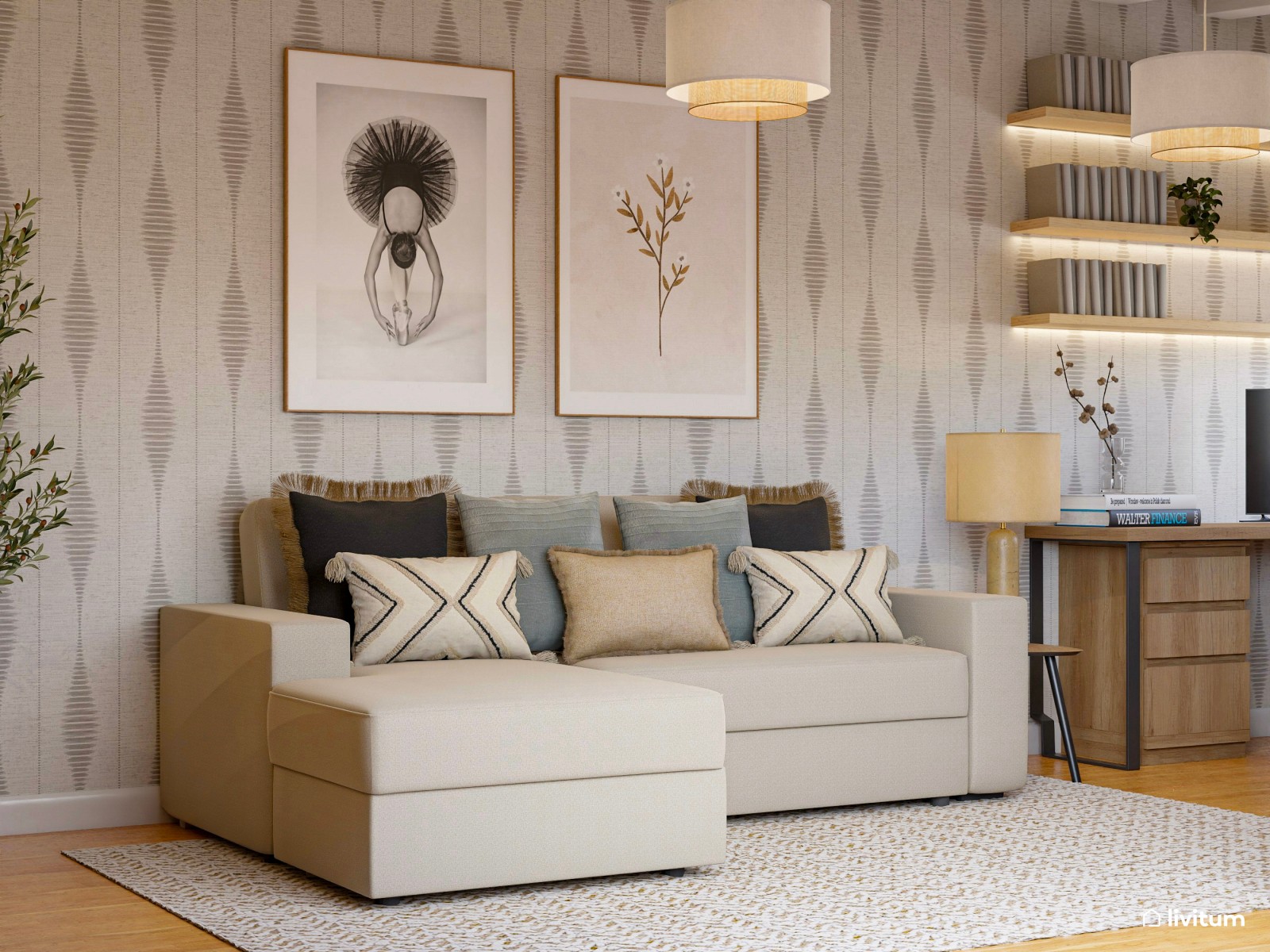 Estudio rústico con zona de escritorio y salón