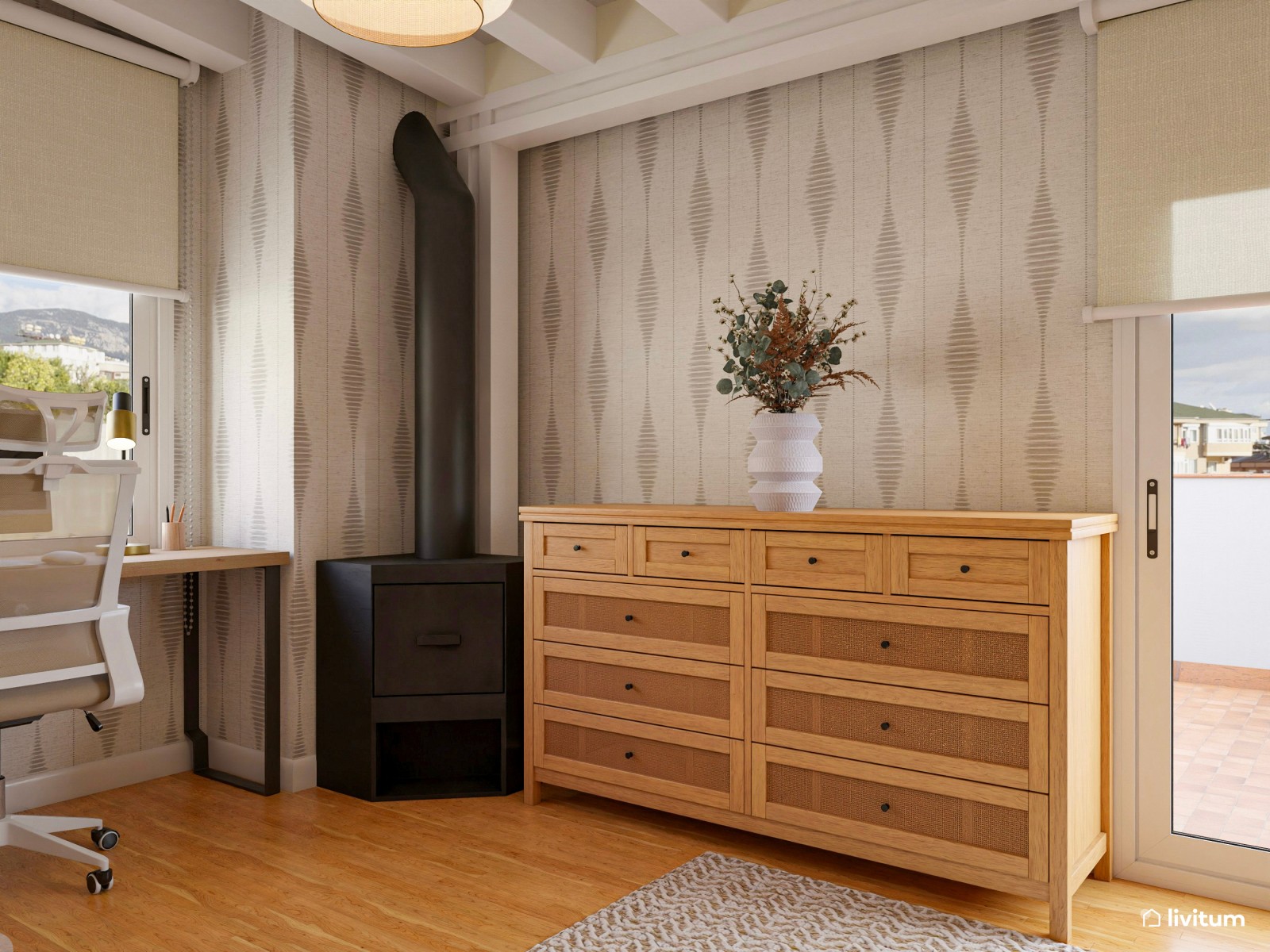 Estudio rústico con zona de escritorio y salón