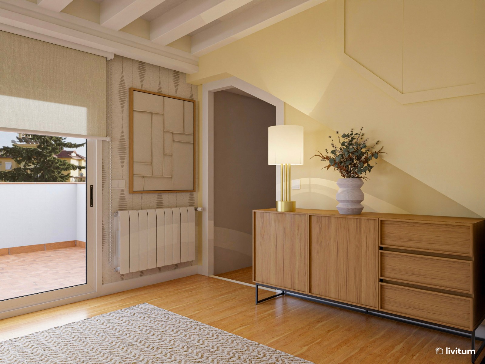 Estudio rústico con zona de escritorio y salón