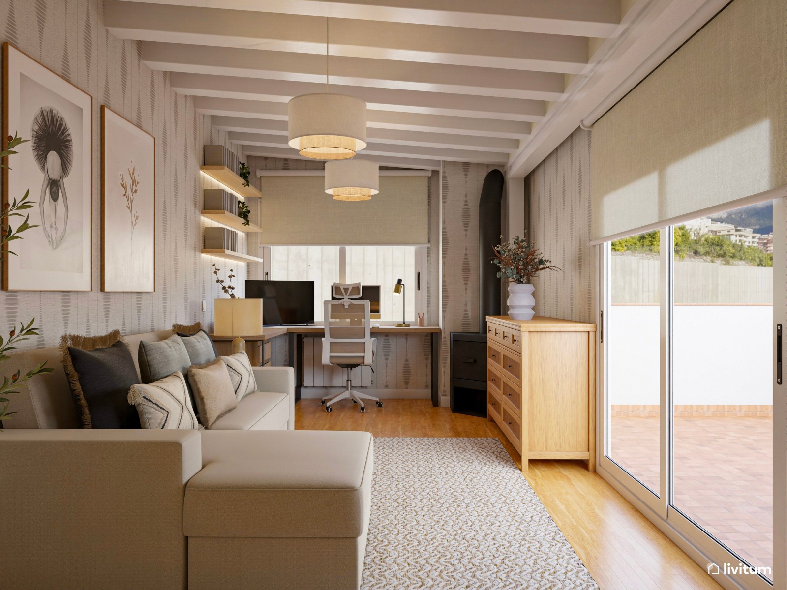 Estudio rústico con zona de escritorio y salón