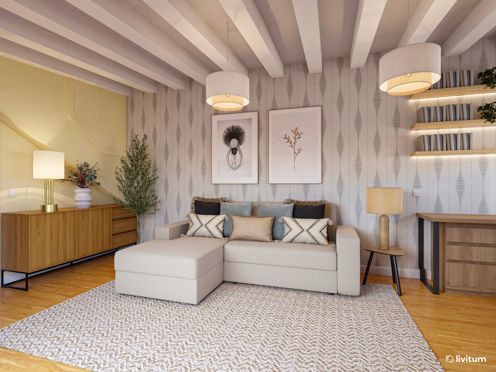 Estudio rústico con zona de escritorio y salón