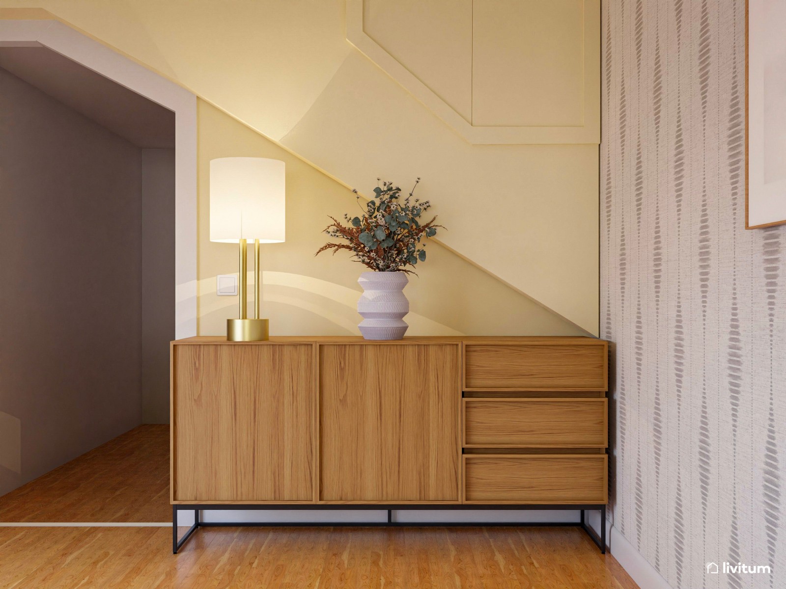 Estudio rústico con zona de escritorio y salón