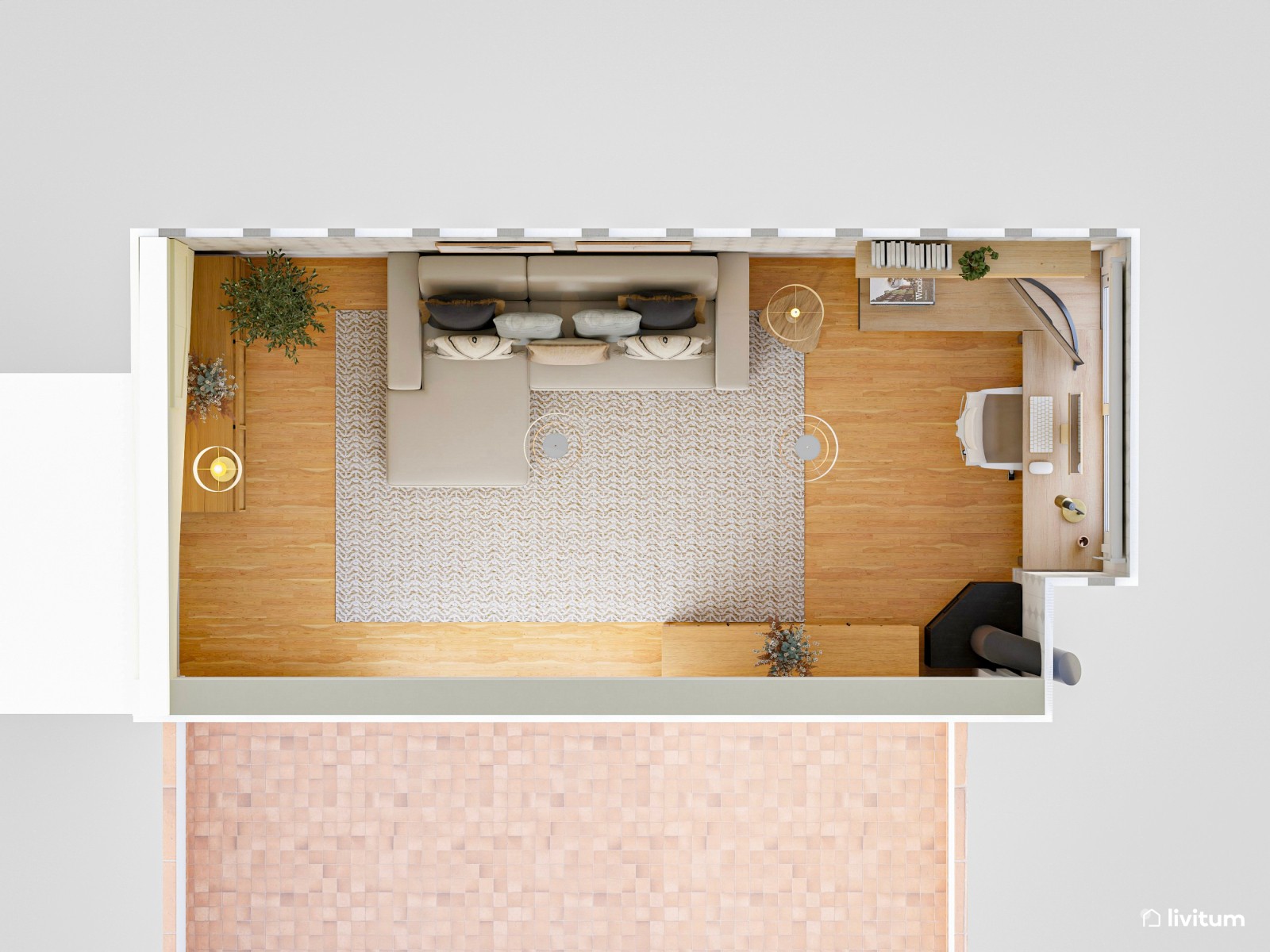 Estudio rústico con zona de escritorio y salón