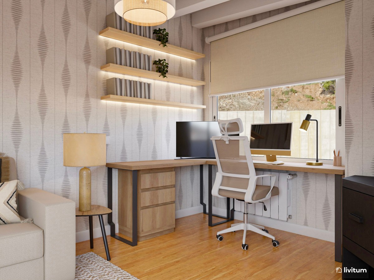 Estudio rústico con zona de escritorio y salón