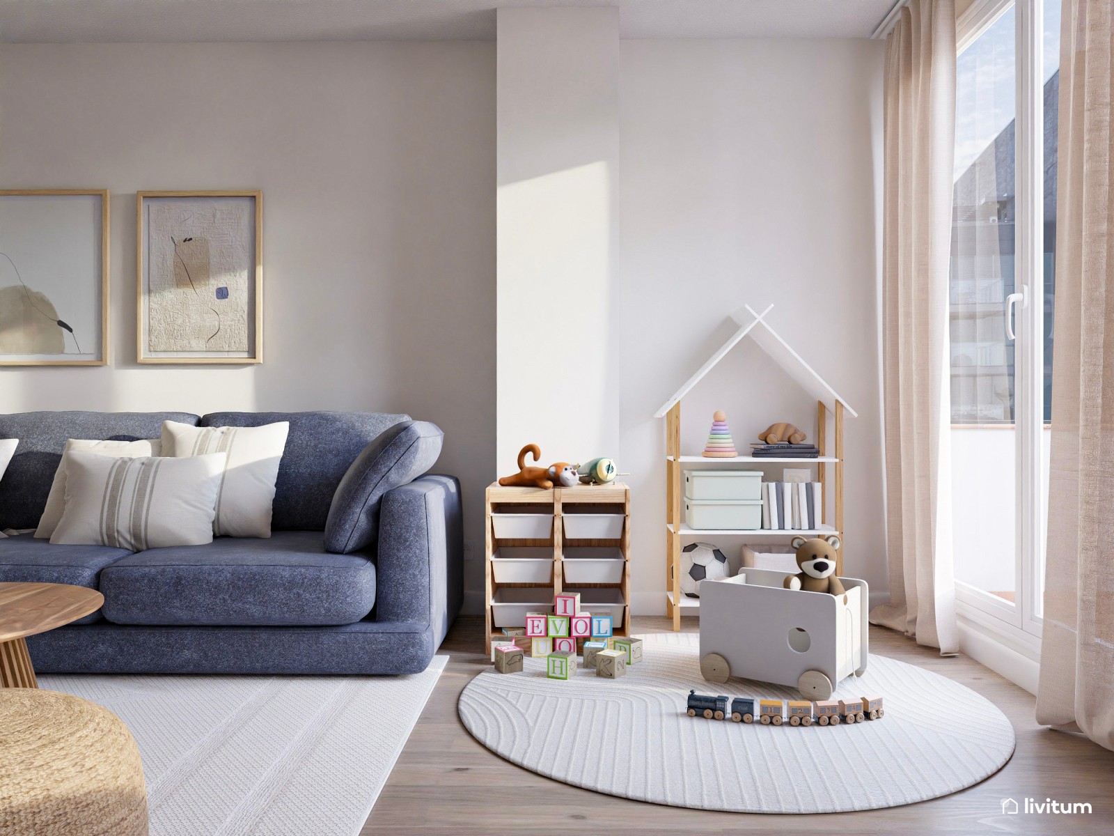 Fantástico salón con sofá azul y rincón de juegos para niños
