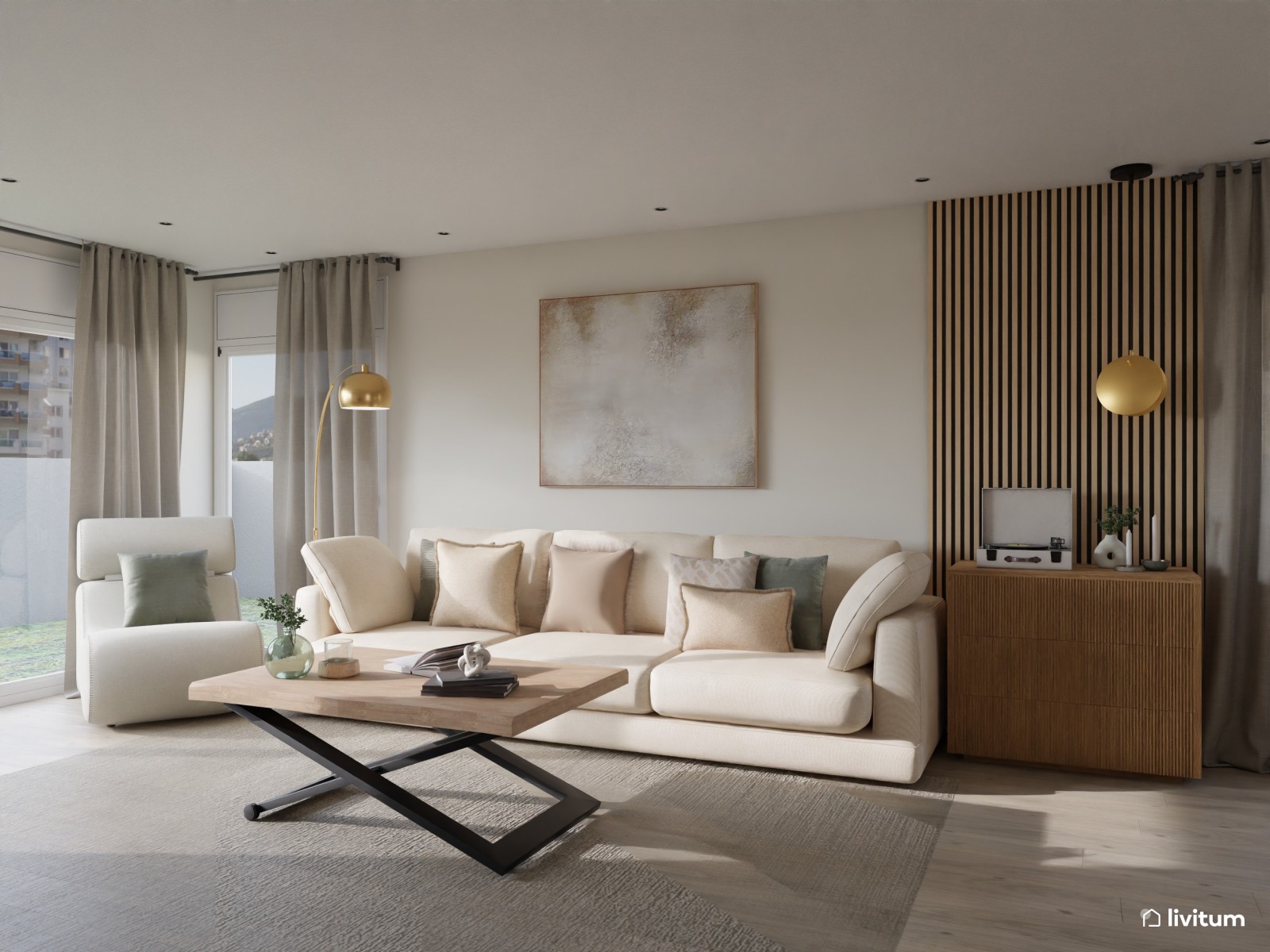 Gran salón con amplio comedor de estilo nórdico con listones de madera