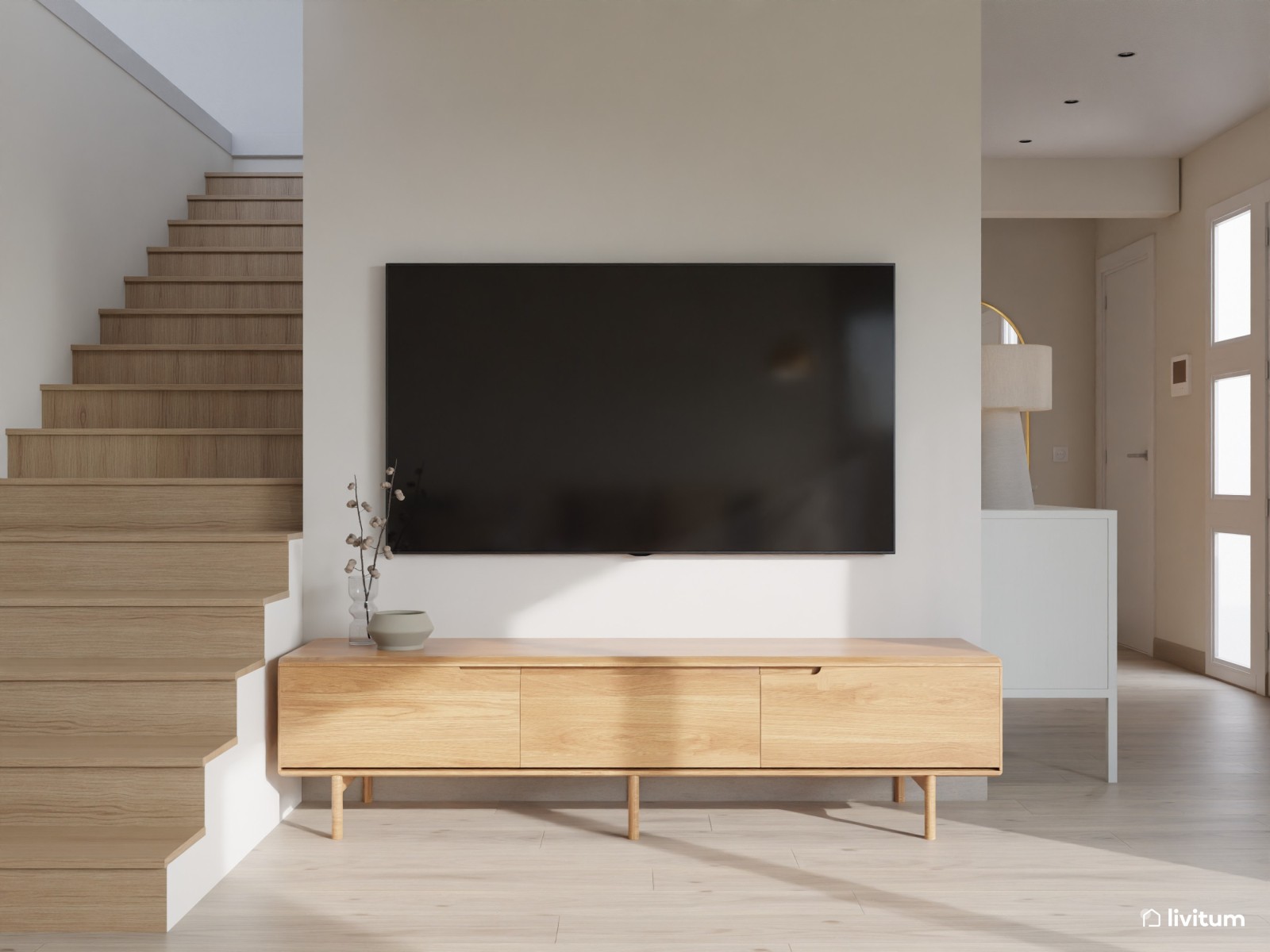 Gran salón con amplio comedor de estilo nórdico con listones de madera