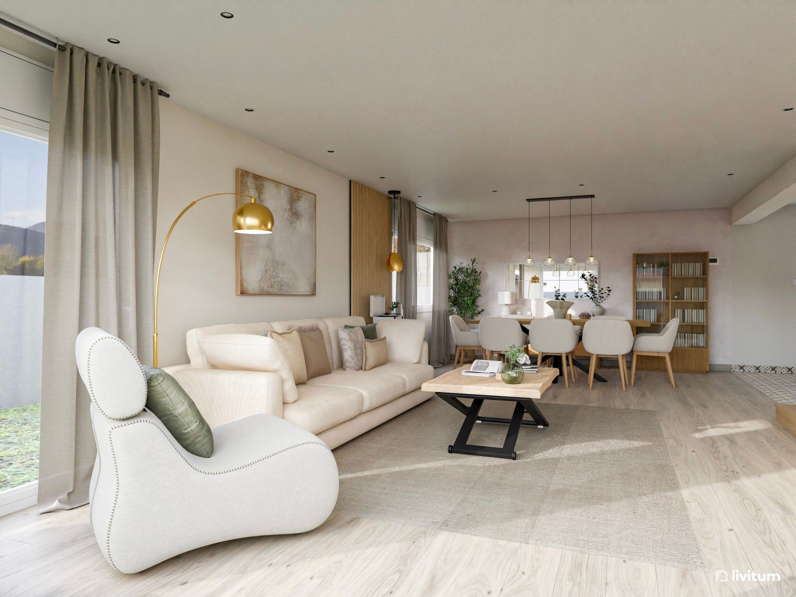 Gran salón con amplio comedor de estilo nórdico con listones de madera