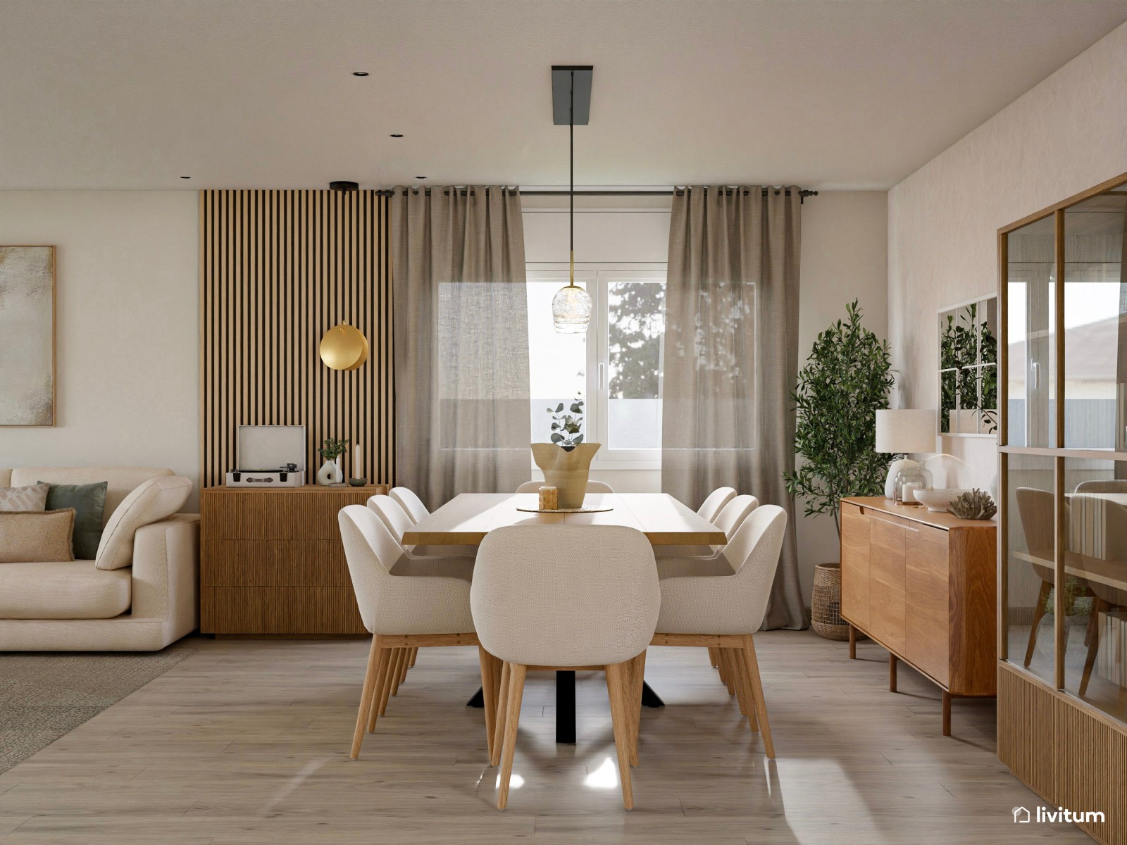 Gran salón con amplio comedor de estilo nórdico con listones de madera