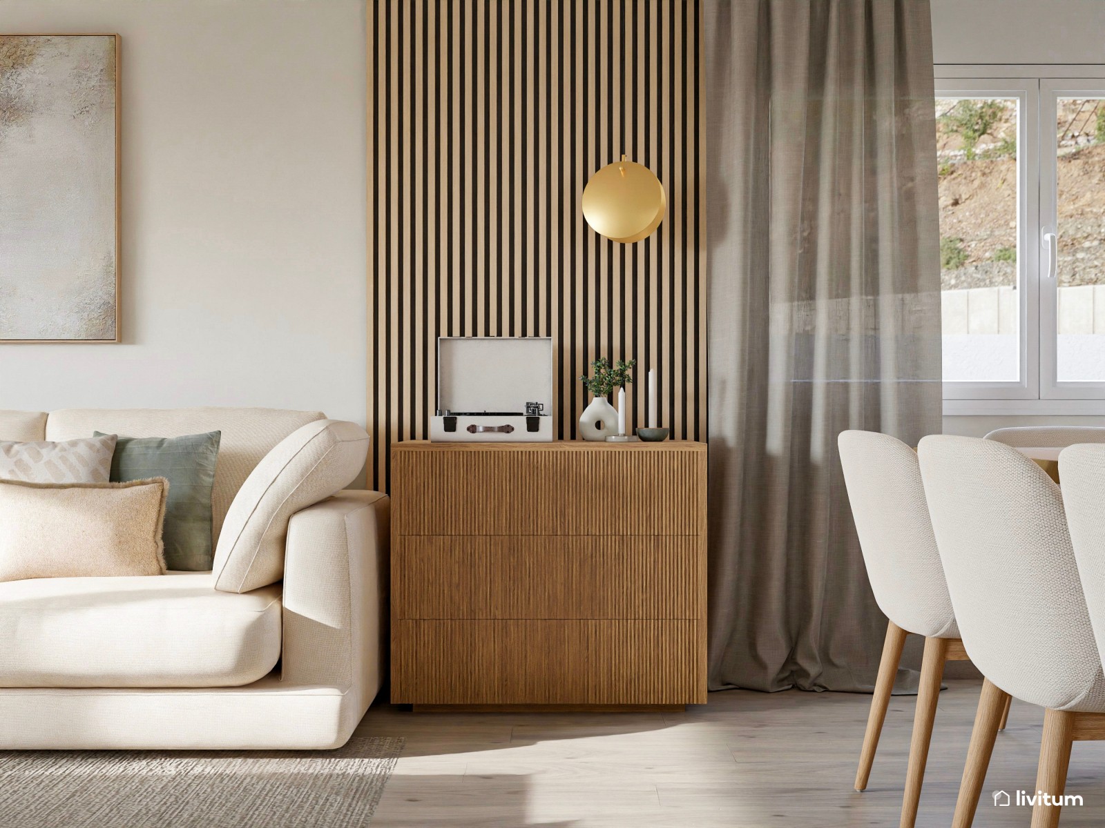 Gran salón con amplio comedor de estilo nórdico con listones de madera