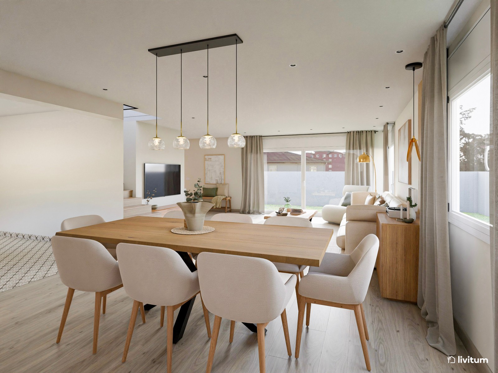 Gran salón con amplio comedor de estilo nórdico con listones de madera