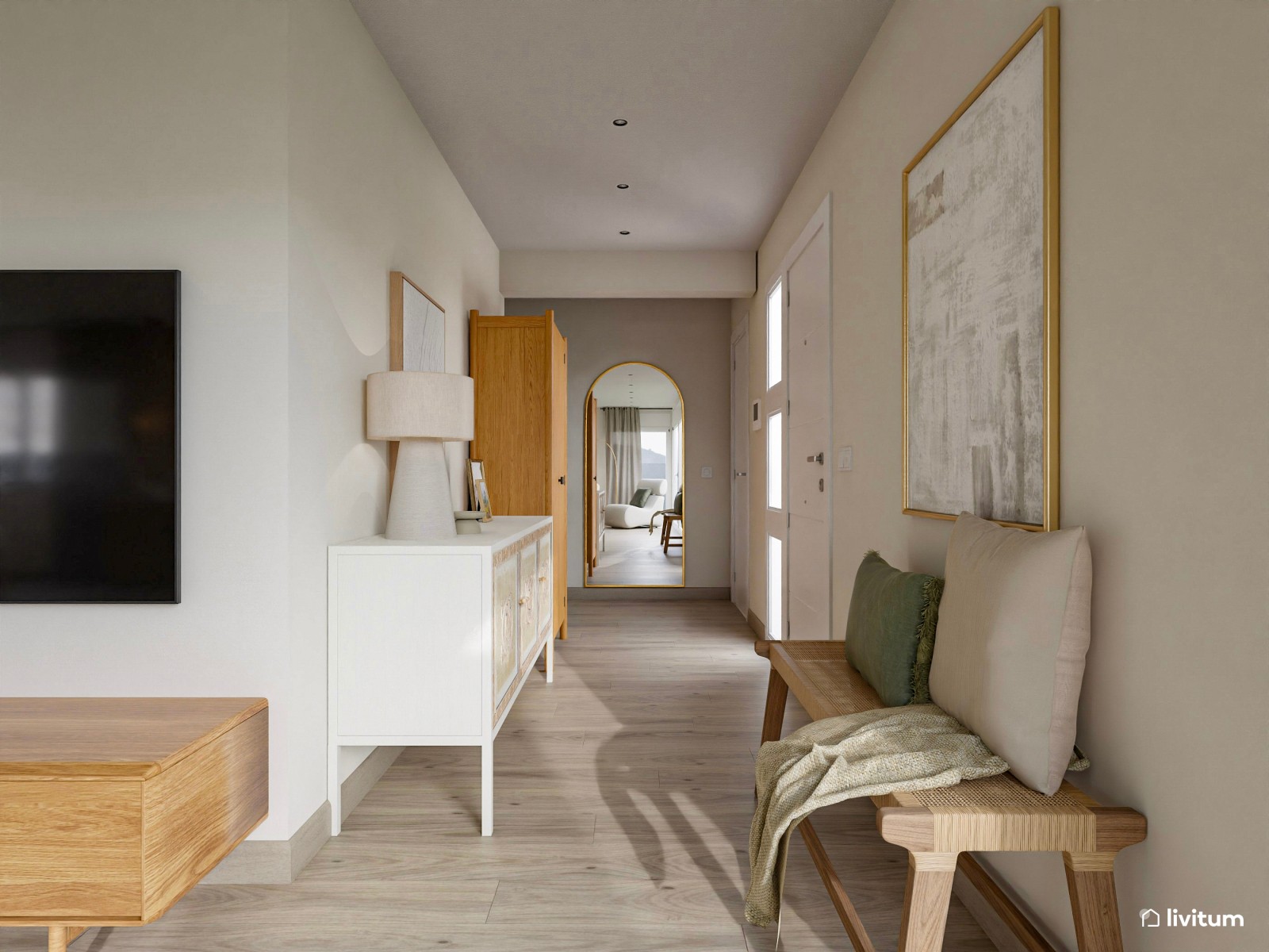 Gran salón con amplio comedor de estilo nórdico con listones de madera