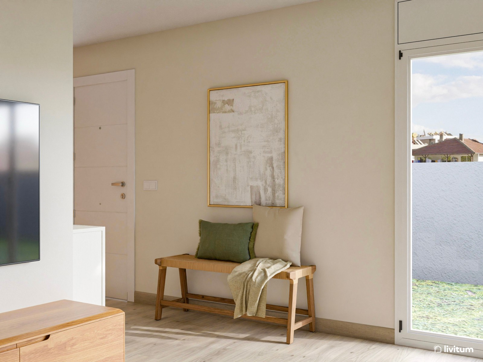 Gran salón con amplio comedor de estilo nórdico con listones de madera