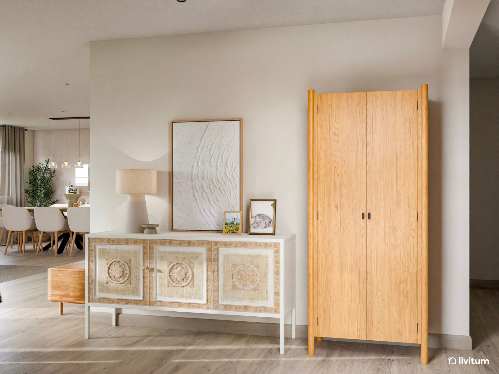 Gran salón con amplio comedor de estilo nórdico con listones de madera