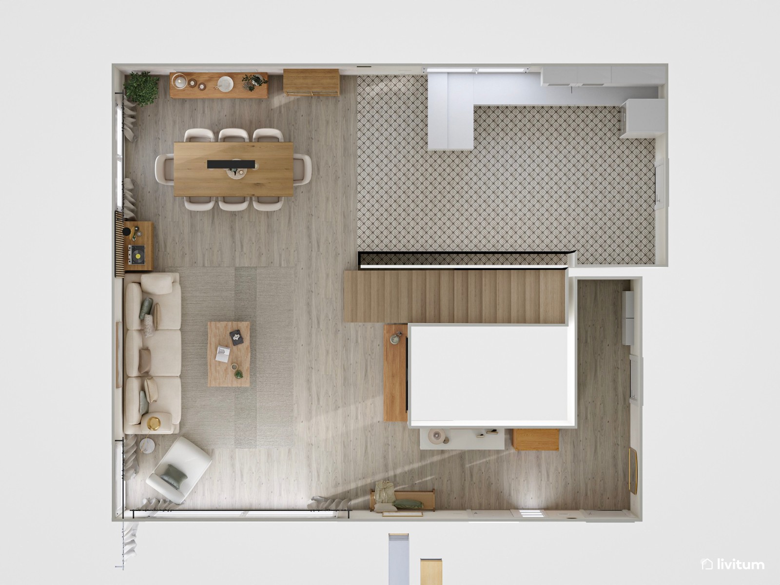 Gran salón con amplio comedor de estilo nórdico con listones de madera