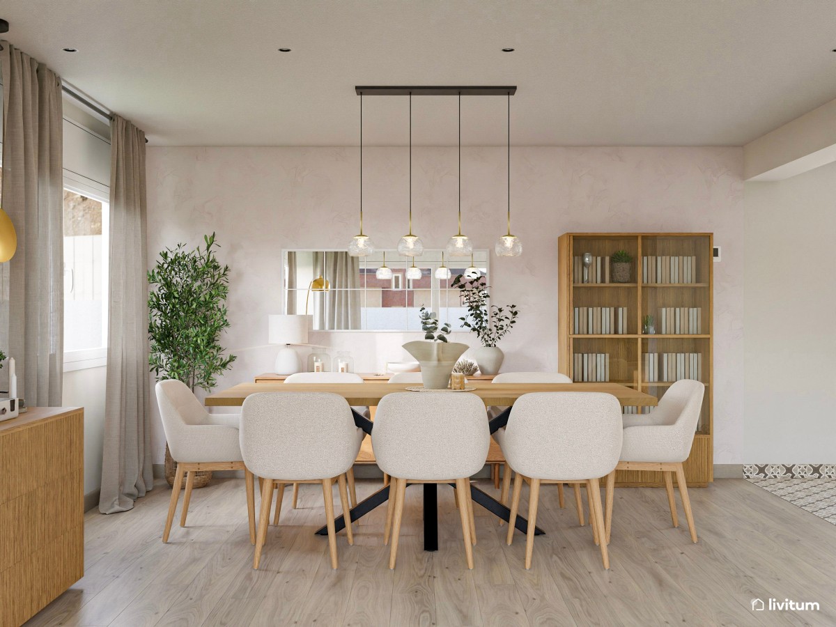 Gran salón con amplio comedor de estilo nórdico con listones de madera