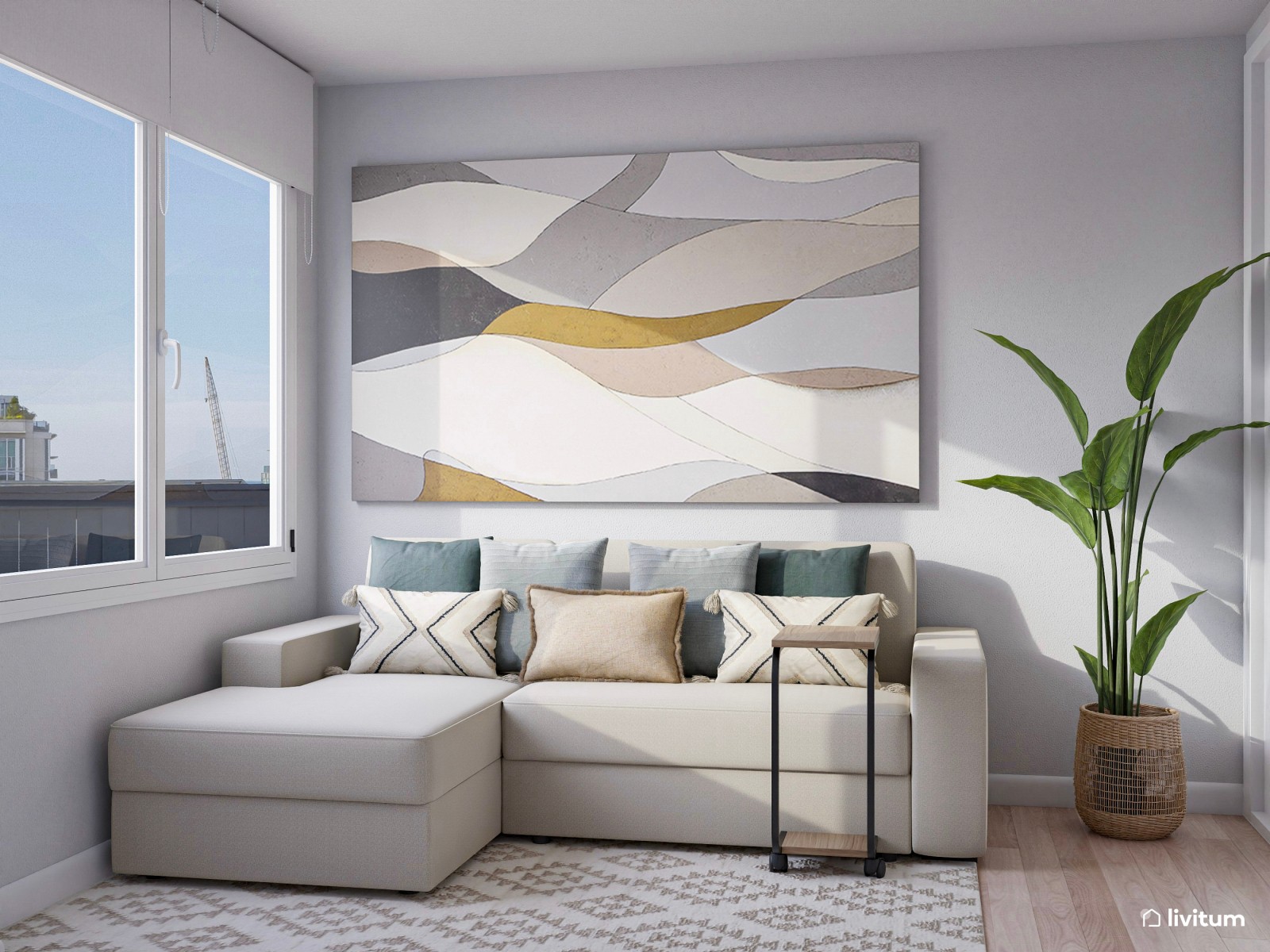 Habitación con despacho y pequeño salón en tonos muy relajados