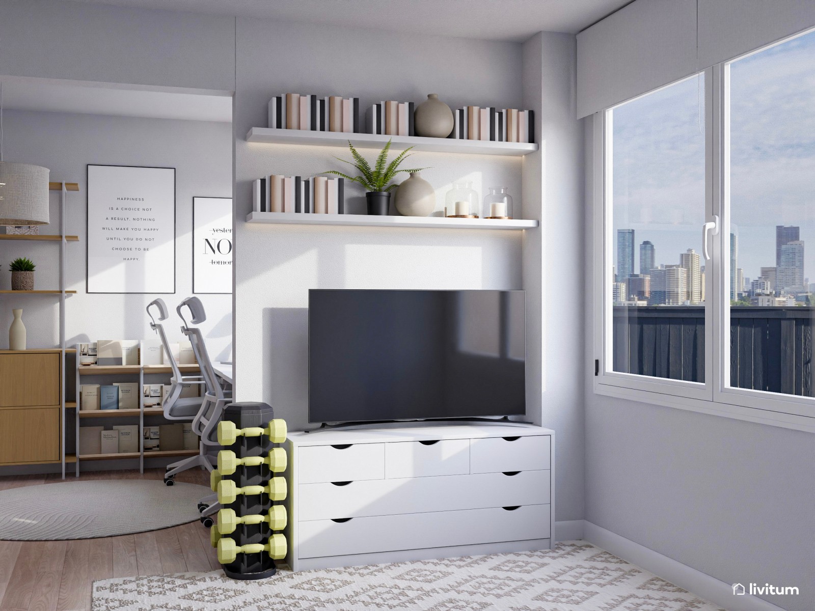 Habitación con despacho y pequeño salón en tonos muy relajados