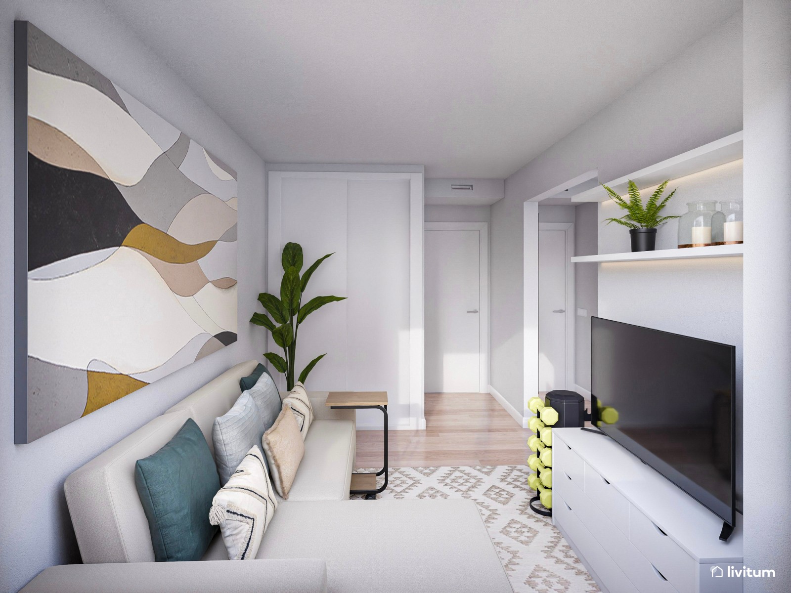 Habitación con despacho y pequeño salón en tonos muy relajados