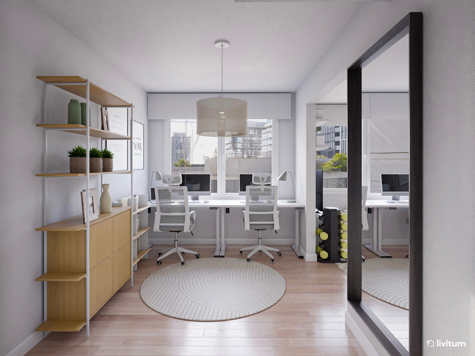 Habitación con despacho y pequeño salón en tonos muy relajados