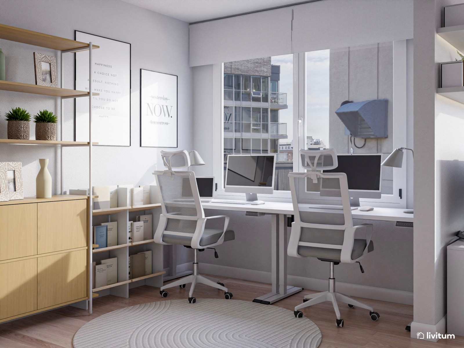 Habitación con despacho y pequeño salón en tonos muy relajados