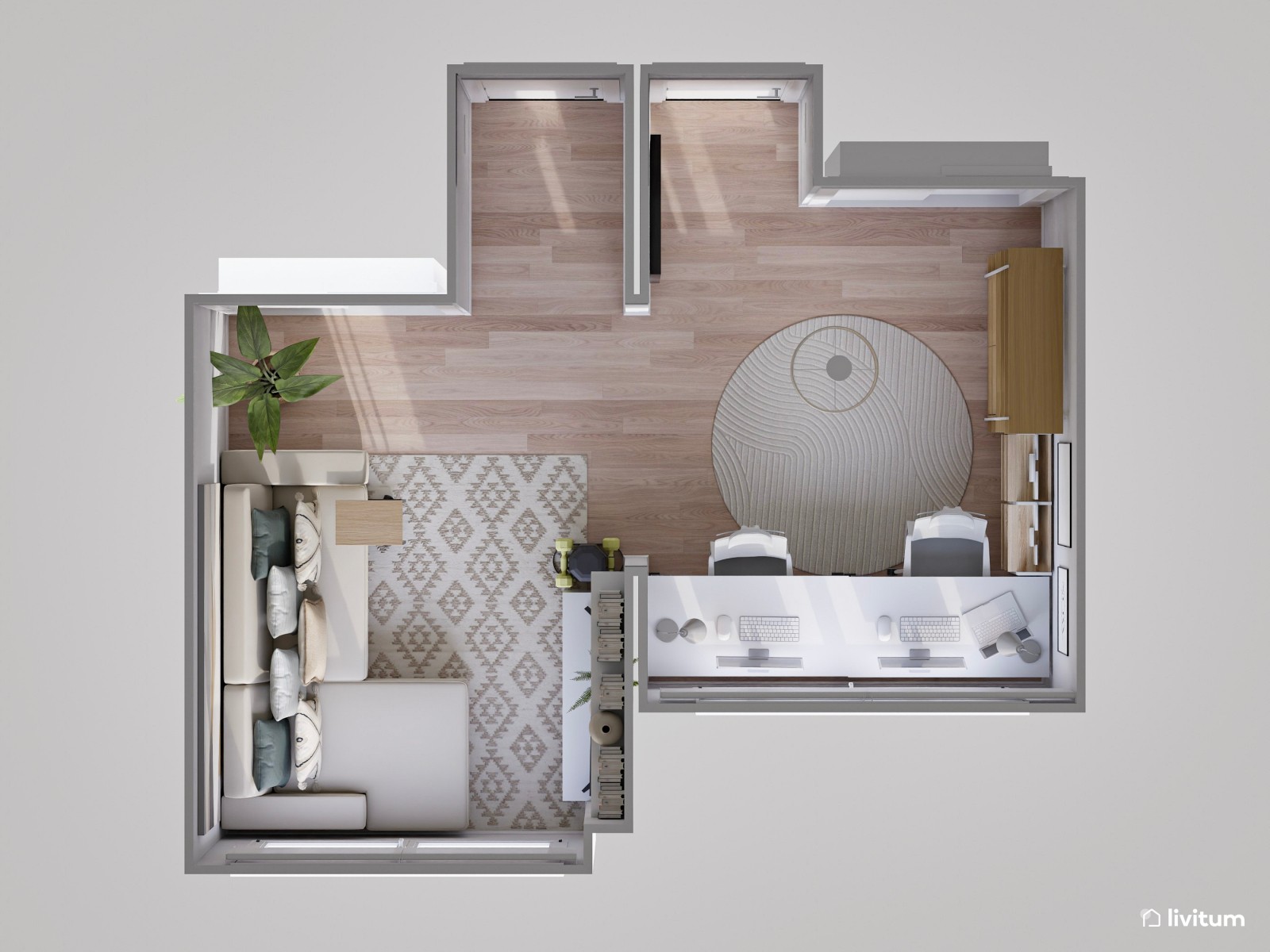 Habitación con despacho y pequeño salón en tonos muy relajados