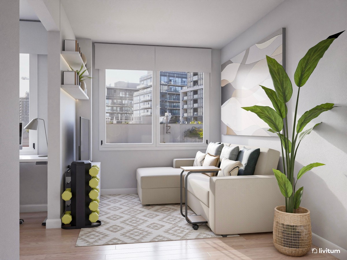 Habitación con despacho y pequeño salón en tonos muy relajados