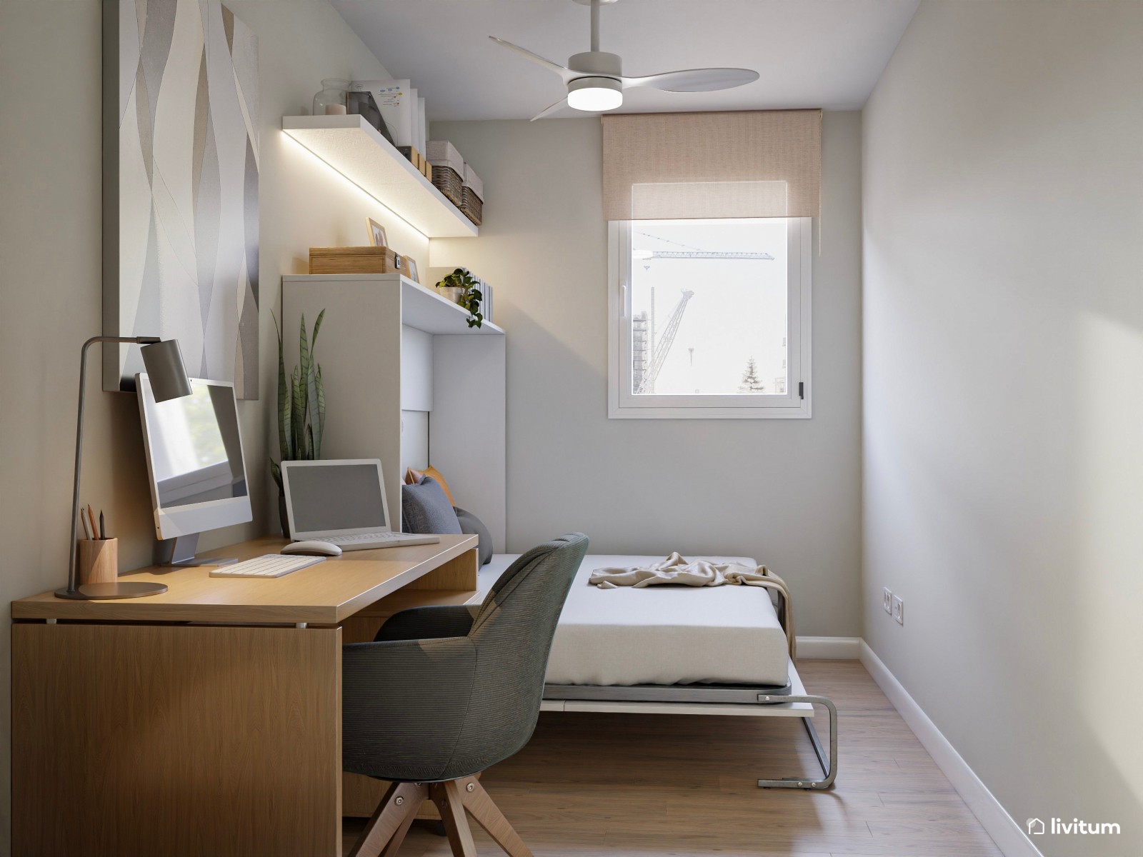 Habitación de invitados con cama plegable y zona de despacho