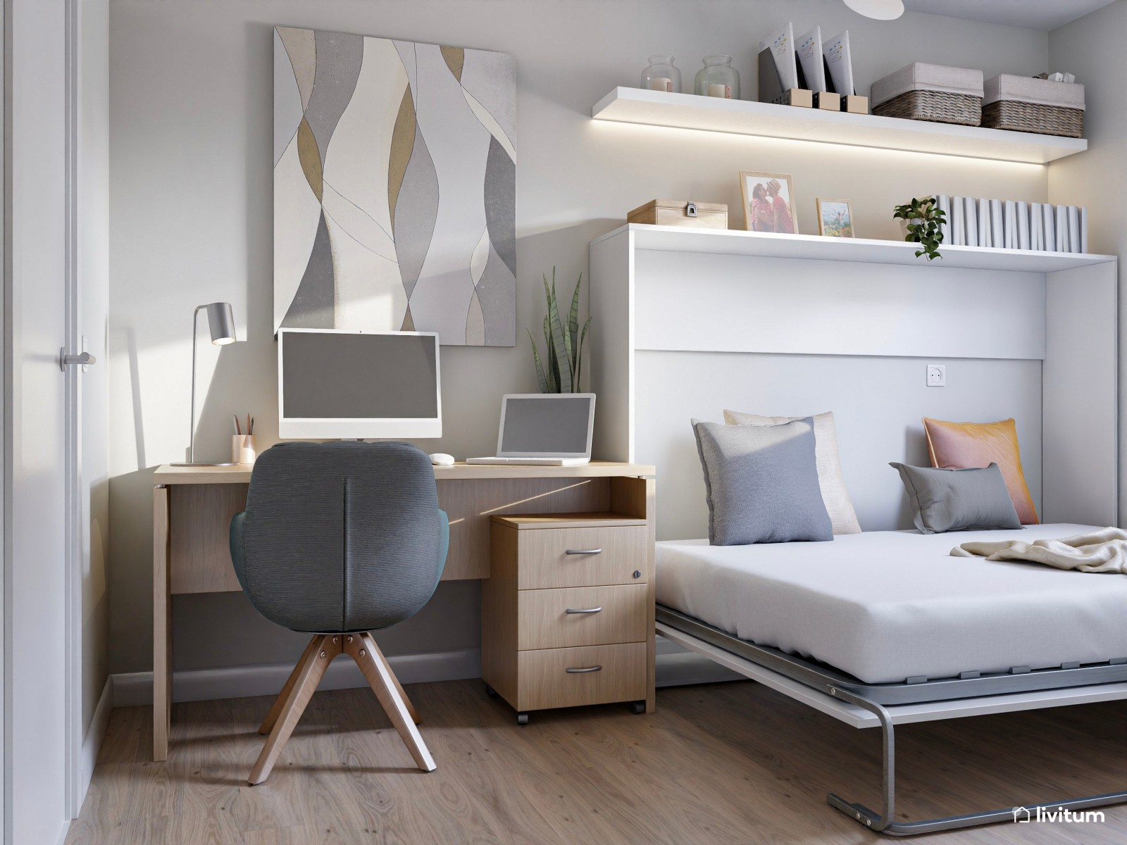 Habitación de invitados con cama plegable y zona de despacho