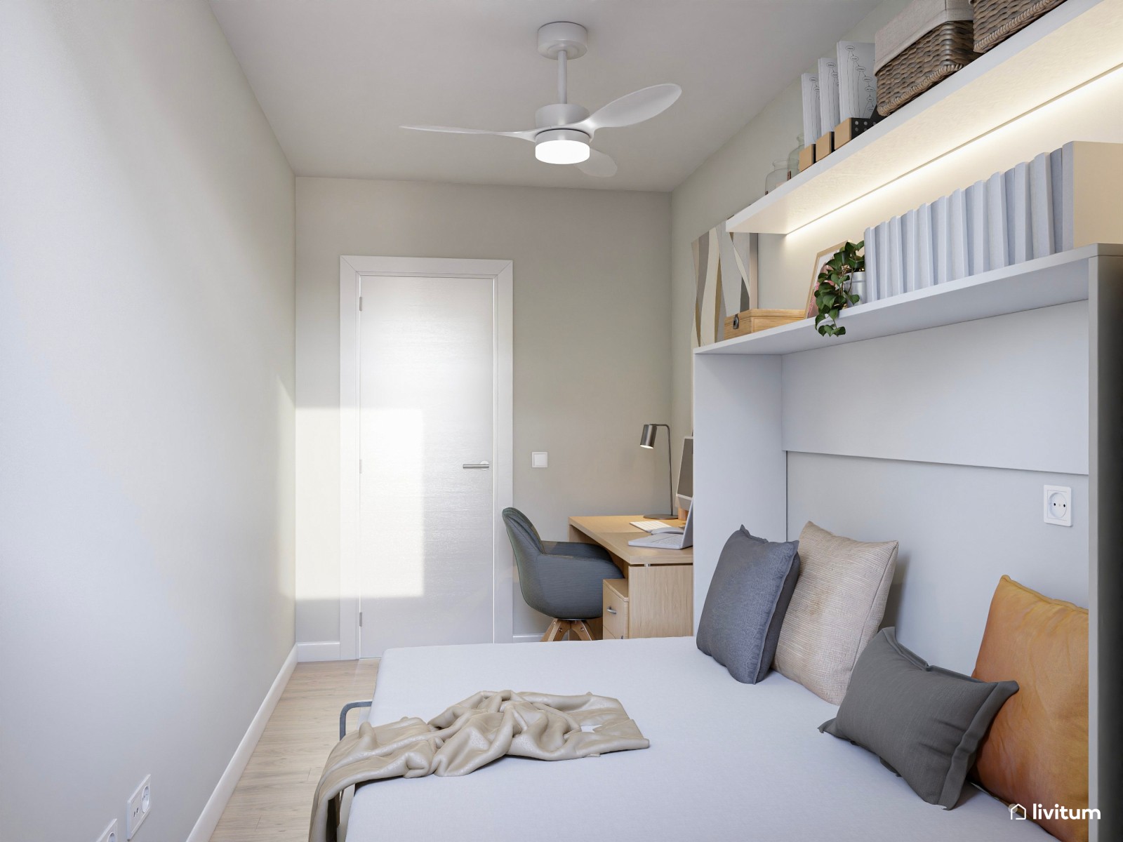 Habitación de invitados con cama plegable y zona de despacho