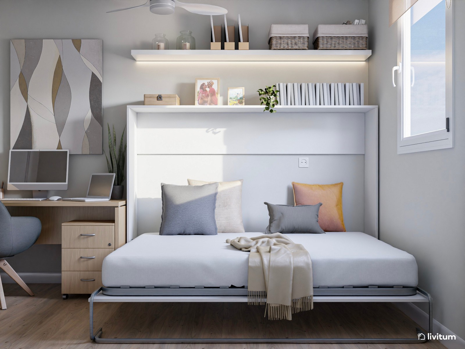Habitación de invitados con cama plegable y zona de despacho