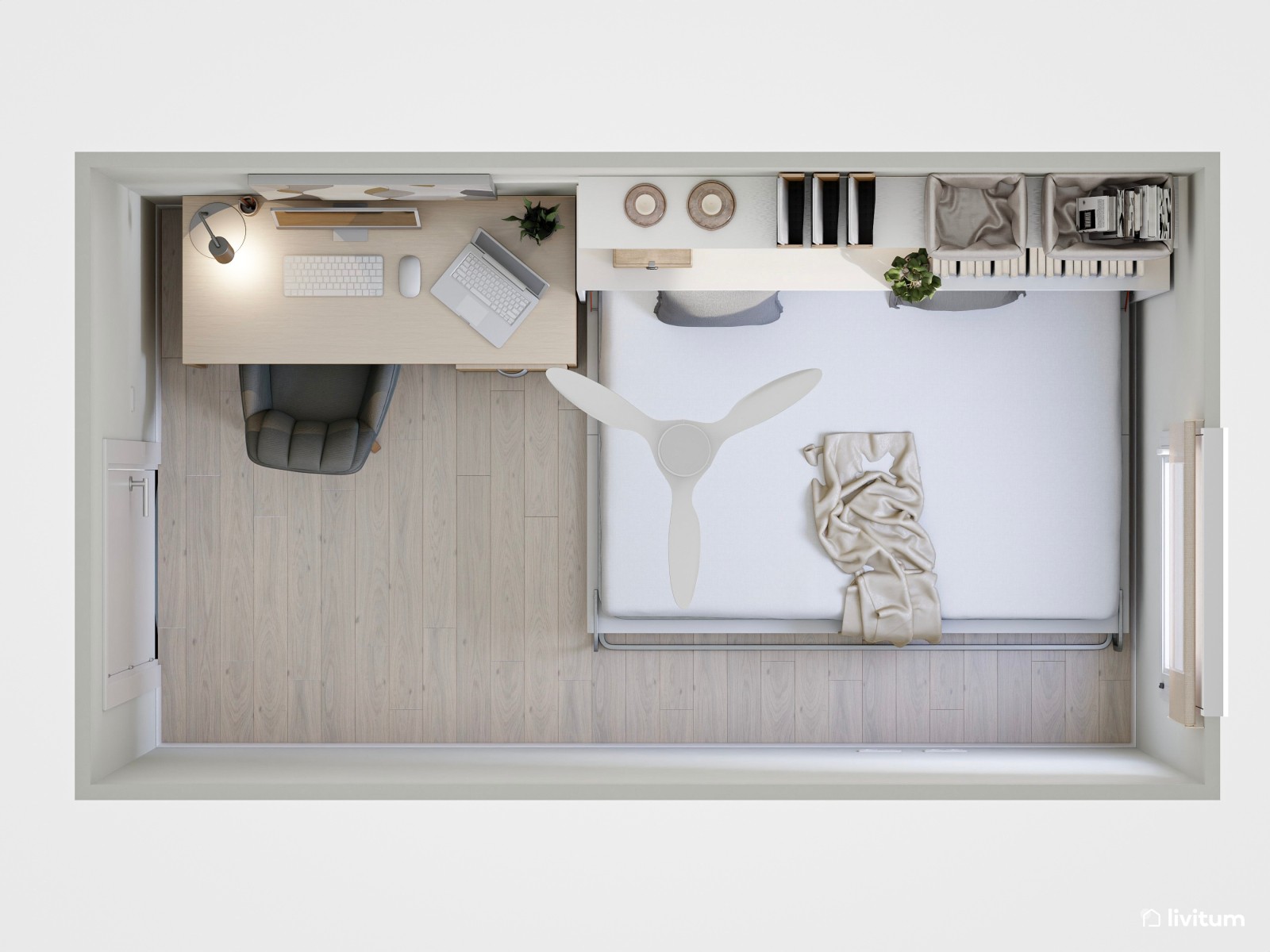 Habitación de invitados con cama plegable y zona de despacho